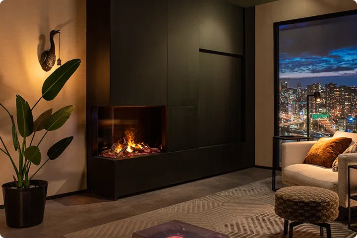 Chimenea de vapor de agua de esquina con visión desde dos lados