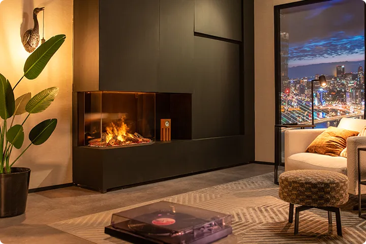 Chimenea de vapor de agua empotrada con efecto de llama en pared moderna