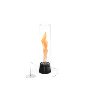 SPIN Air 900 de Höfats, chimenea de sobremesa en color negro con diseño de llama en espiral y cilindro de vidrio resistente al c