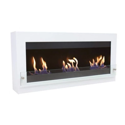 Gran hogar de etanol blanco para pared con plato de vidrio. Gran hogar de etanol producido en acero y con recubrimiento de polvo blanco. Equipado con 3 quemadores de 1,5 litros.