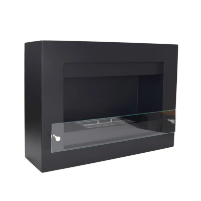 Hogar de bioetanol negro con plato de vidrio y quemador de 1,5 litros. Precioso biohogar negro para pared. Incluye un quemador de 1,5 litros y plato de vidrio. Dimensiones: 54 x 78 x 16,5cm.