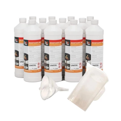 Kit de 12 litros de etanol, jarra y embudo. Kit no sólo para principiantes. El embudo y jarra hacen que rellenar el quemador sea más fácil y seguro.