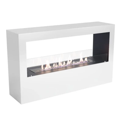 Precioso biohogar autónomo en color blanco con vidrio. Precioso gran hogar de etanol autónomo con platos de vidrio y quemador de 4 litros y 6,5 horas de combustión.