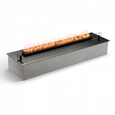 Quemador de bioetanol automático con vidrio y piedras decorativas. Con base en color negro Quemador de bioetanol automático con vidrio y piedras decorativas. Con base en color negro