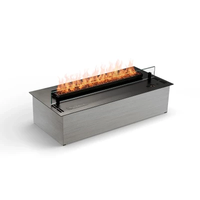 Quemador de bioetanol automático con vidrio y piedras decorativas. Con base en color negro Quemador de bioetanol automático con vidrio y piedras decorativas. Con base en color negro