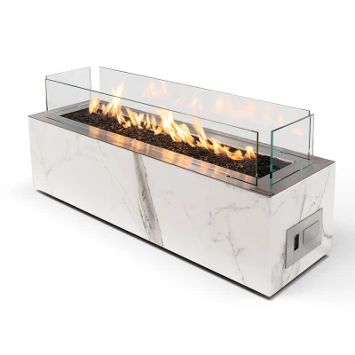 Galaxy Daze/Laurent de Planika - Chimenea de gas exterior con líneas rectangulares en mármol blanco o negro Galaxy Daze/Laurent de Planika - Chimenea de gas exterior con líneas rectangulares en mármol blanco o negro