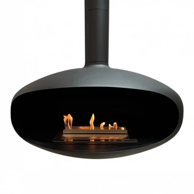 Chimenea de bioetanol colgada. Con forma ovalada, en acero de color negro Chimenea de bioetanol colgada. Con forma ovalada, en acero de color negro